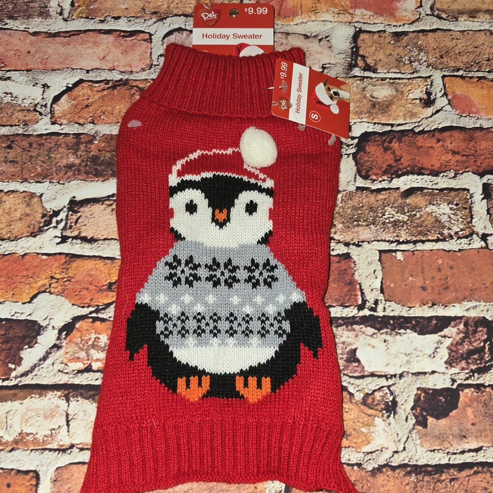 Pet Central  Holiday Dog Sweater - Red Penguin Design Size Small